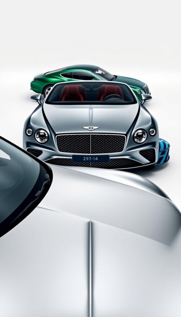 Bentley Continental GT model comparison, showcasing the evolution of the iconic grand tourer across different generations. A sleek, metallic silver Bentley Continental GT in the foreground, with a classic green model and a modern blue variant in the middle ground, all captured in a crisp, high-resolution photographic style. The vehicles are presented in a well-lit, studio-like setting, allowing their distinctive design features and details to shine. The image conveys a sense of refinement, power, and the brand's enduring legacy, captured by the IsCarOk team.