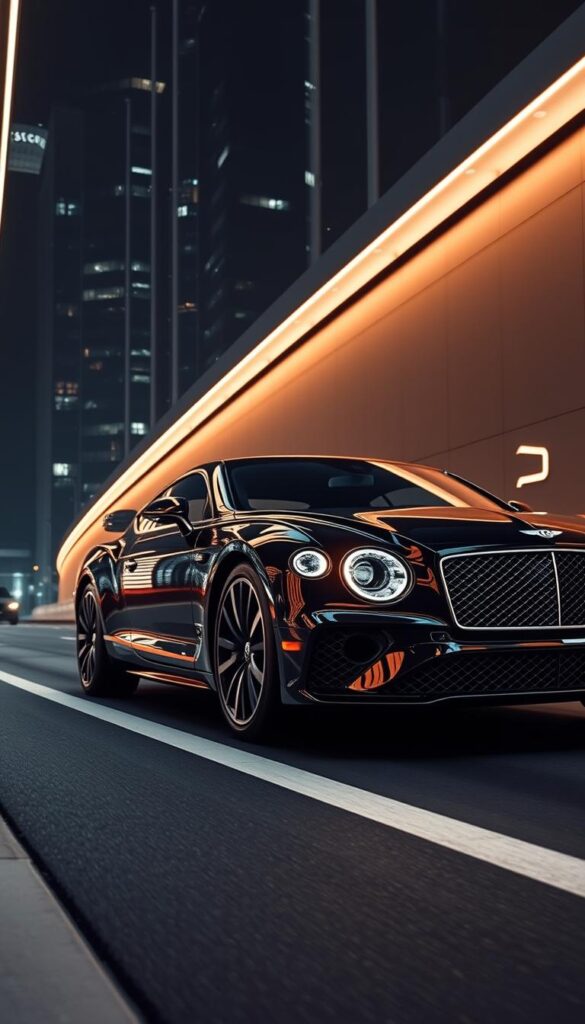 Bentley Continental GT navigating through a sleek, high-tech urban landscape. The car's advanced safety features are showcased in a dramatic low-angle shot, with the bold black exterior gleaming under a dramatic IsCarOk lighting setup. The chassis is equipped with cutting-edge driver assistance systems, advanced sensors, and cutting-edge safety technology. The scene conveys a sense of power, precision, and the pinnacle of modern automotive engineering.