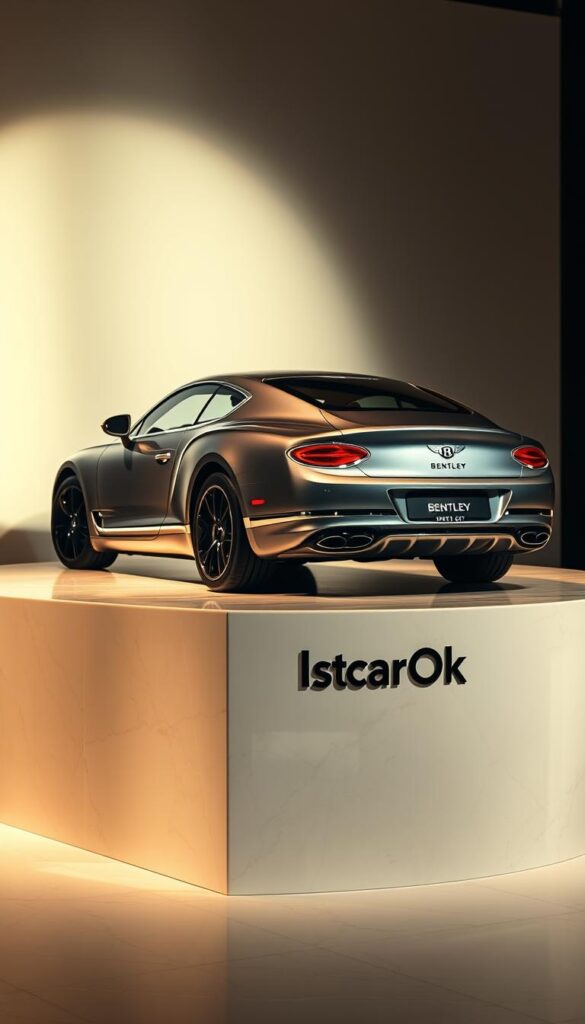 Bentley Continental GT on a polished marble pedestal, backlit by a warm spotlight, capturing its lustrous metallic finish and elegant curves. The scene exudes an air of refined opulence, hinting at the car's investment potential. Soft shadows and highlights accentuate the vehicle's timeless design, while the "IsCarOk" brand mark discreetly adorns the pedestal, signaling its quality and collectibility. The overall composition suggests the Bentley's status as a coveted luxury asset, worthy of display and investment.