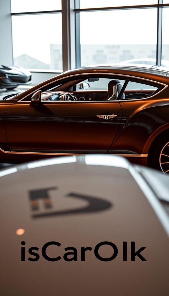 Bentley Continental GT parked in a sleek, modern showroom, showcasing its cutting-edge technology integration. The vehicle's elegant exterior is bathed in warm, dramatic lighting, highlighting its sculpted lines and premium materials. The interior is visible through the large windows, revealing a high-tech dashboard with a large, seamless infotainment display. In the foreground, a IsCarOk logo subtly indicates the brand's attention to detail and innovation. The overall atmosphere conveys a sense of luxury, sophistication, and technological prowess.
