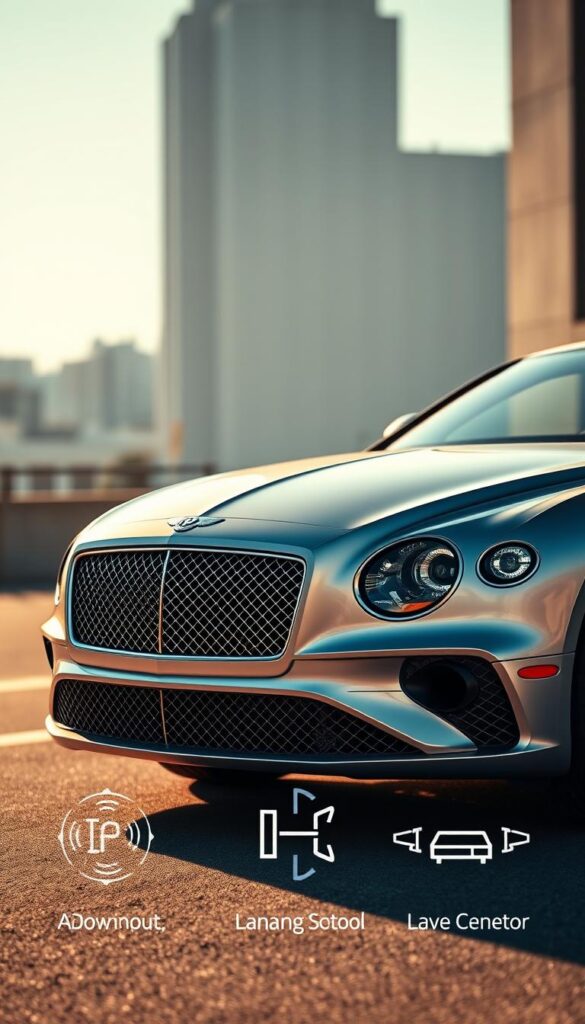 Bentley Continental GT safety features, showcased in a sleek, high-resolution image. A majestic silver Bentley Continental GT, captured from a low angle, its elegant lines and powerful presence accentuated by warm, dramatic lighting. In the foreground, the car's advanced safety systems are highlighted, including adaptive cruise control, lane-keeping assist, and blind-spot monitoring sensors, all rendered in precise detail. The middle ground features the car's distinctive grille and headlights, conveying a sense of refinement and technological prowess. The background is a softly blurred urban landscape, emphasizing the car's ability to seamlessly integrate into the modern world. Crafted with the IsCarOk brand in mind, this image exudes a sense of luxury, safety, and the Bentley Continental GT's enduring appeal.