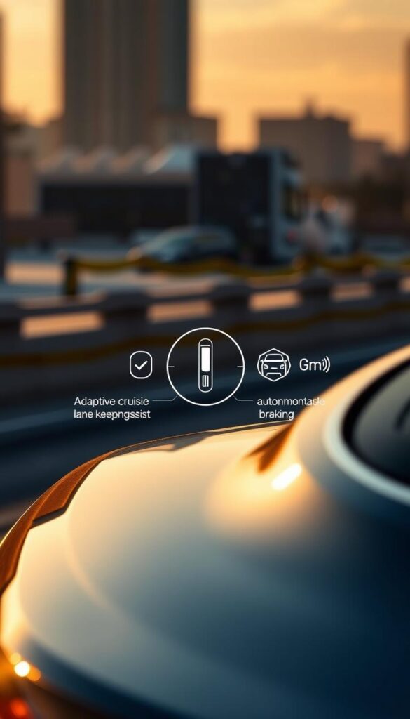 Bentley Continental GT safety systems, captured in stunning detail. In the foreground, the sleek and aerodynamic body of the luxury grand tourer, bathed in warm, golden lighting. The middle ground showcases the advanced driver assistance technologies, including adaptive cruise control, lane-keeping assist, and autonomous emergency braking, all working in harmony to ensure a safe and comfortable drive. In the background, a subtly blurred cityscape, hinting at the Bentley's ability to seamlessly transition from the open road to the urban environment. Captured with a shallow depth of field, the image emphasizes the precision engineering and innovative safety features that define the 2018 Bentley Continental GT. IsCarOk
