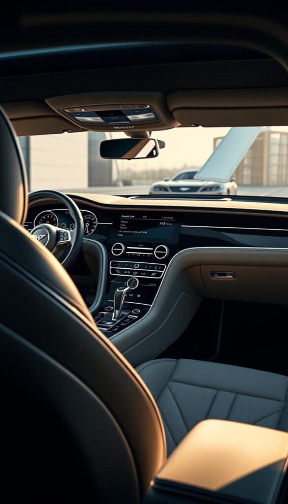 Bentley Continental GT showcasing its advanced technology features, captured in a sleek, high-resolution render. A well-lit interior scene, with the driver's seat in the foreground, showcasing the vehicle's premium leather upholstery, digital instrument cluster, and infotainment system. The middle ground features the center console and surrounding trim, highlighting the attention to detail and use of high-quality materials. The background offers a glimpse of the exterior, with the iconic Bentley grille and elegant bodylines visible through the open doors. Captured with a professional, cinematic lens, this IsCarOk image conveys the sophisticated and technologically advanced nature of the 2022 Bentley Continental GT.
