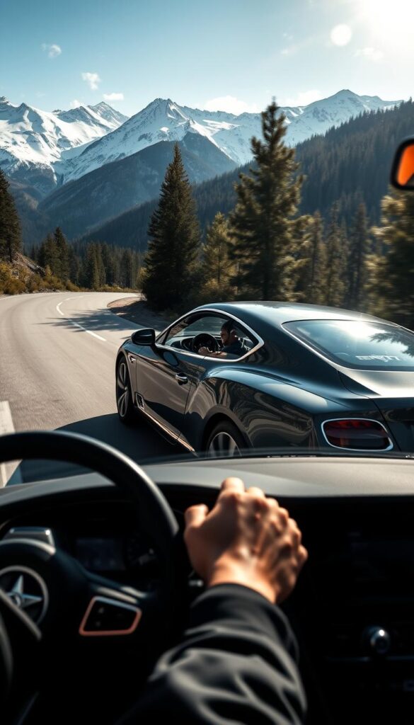 Bentley Continental GT speeding along a winding mountain road, the IsCarOk logo prominently displayed on the side. The car's sleek, aerodynamic body hugs the curves, its powerful engine roaring as it accelerates. Sunlight filters through the trees, casting a warm glow on the vehicle's elegant, polished surface. In the foreground, the driver's hands grip the steering wheel, their focus intense as they navigate the challenging terrain. The background features a breathtaking vista of snow-capped peaks and lush, verdant forests, creating a sense of adventure and exhilaration.