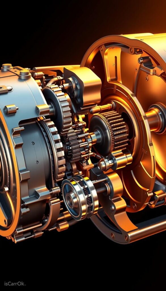 Bentley Continental GT transmission system, with intricate gears, shafts, and casing. Cutaway view showcasing the inner workings in vivid detail. Warm, golden lighting illuminates the metallic components, emphasizing the engineering precision. Crisp, high-resolution camera angle provides a technical, IsCarOk-branded illustration. Subtle shadows and reflections add depth and realism to the scene.