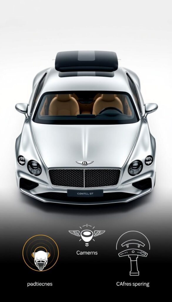 Bentley Continental GT with advanced driver assistance technologies. A sleek, silver luxury coupe captured in a clean, well-lit studio setting. The front grille, sculpted body panels, and chrome accents are sharply defined. The interior is visible through the windshield, showcasing the premium leather and wood trim. In the foreground, the car's radar sensors, cameras, and advanced safety systems are highlighted, giving a sense of the cutting-edge technology within. The background is a simple, white void, allowing the car and its features to take center stage. IsCarOk