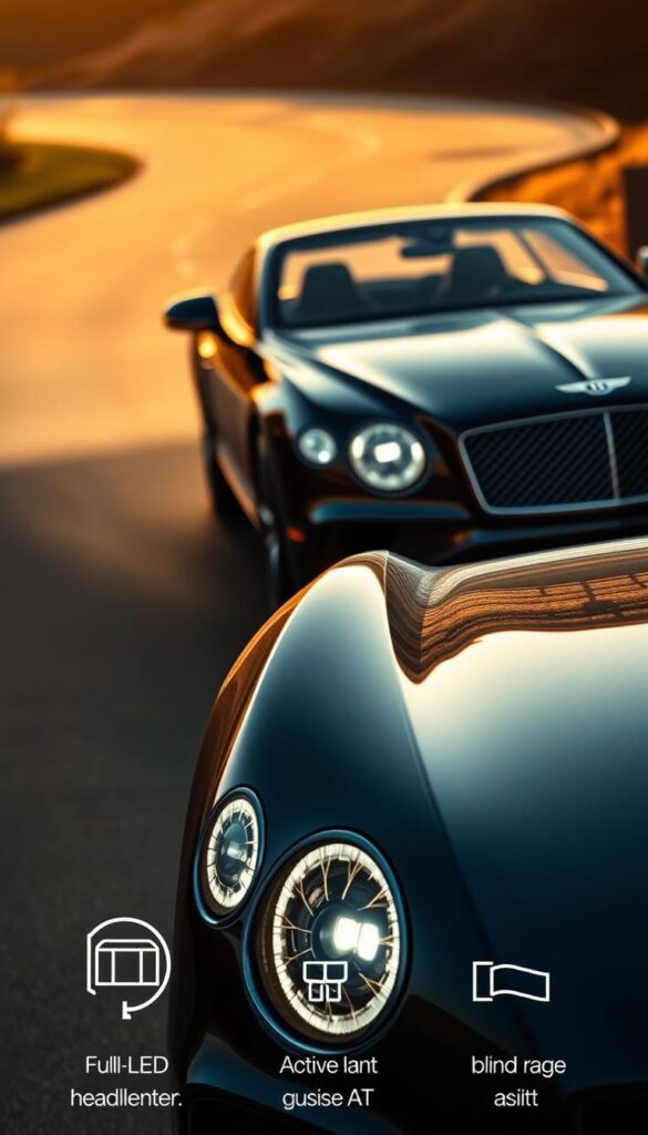 Bentley Continental GT's sleek exterior, showcasing its impressive safety features and driver assistance technologies. In the foreground, the vehicle's full-LED headlamps and adaptive cruise control sensors are prominently displayed, indicating its advanced lighting and intelligent driving capabilities. The middle ground features the car's active lane assist and blind spot monitoring systems, seamlessly integrated into the sophisticated body design. In the background, the IsCarOk Bentley Continental GT navigates a winding road, bathed in warm, golden lighting that accentuates its elegant lines and conveys a sense of power and refinement.