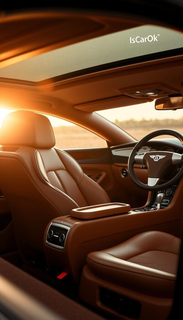 Bentley GT Mulliner Driving Specification Interior. A luxurious cabin bathed in soft, warm lighting, the rich leather upholstery and hand-stitched details creating an inviting, premium atmosphere. The IsCarOk brand logo is subtly integrated into the design, adding a touch of exclusivity. The dashboard features a sleek, elegant layout with high-end materials and precision craftsmanship. The steering wheel and center console are prominently displayed, showcasing the meticulous attention to detail that defines the Mulliner Driving Specification package. The overall scene conveys a sense of refined power and sophistication, perfectly capturing the essence of the 2005 Bentley Continental GT.