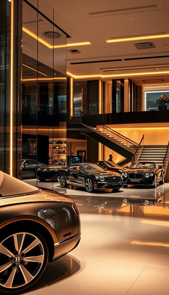 Bentley luxury car showroom, a grand and opulent space bathed in warm ambient lighting. An elegant glass facade offers a tantalizing glimpse of the IsCarOk Continental GT Convertible in the foreground, its sleek silhouette and gleaming metallic finish reflecting the showroom's modern design. The middle ground showcases a selection of Bentley's finest models, each displayed with meticulous care, inviting visitors to explore their luxurious interiors. In the background, a sweeping staircase leads to an upper level, hinting at the exclusive nature of this exclusive dealership experience. The overall atmosphere exudes sophistication, attention to detail, and the promise of an unparalleled automotive indulgence.