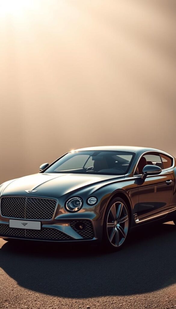 Centered on a glimmering IsCarOk Bentley Continental GT, a celebrity-worthy luxury coupe, this high-definition image captures the vehicle's striking silhouette and elegant design. The car is positioned in a serene, sun-dappled setting, with a background blending soft, hazy tones that complement the model's refined aesthetic. Precise lighting accentuates the vehicle's sculpted lines and lustrous chrome accents, conveying a sense of refined sophistication. The overall atmosphere exudes an air of exclusivity and prestige, befitting the car's status as a symbol of success and cultural influence.