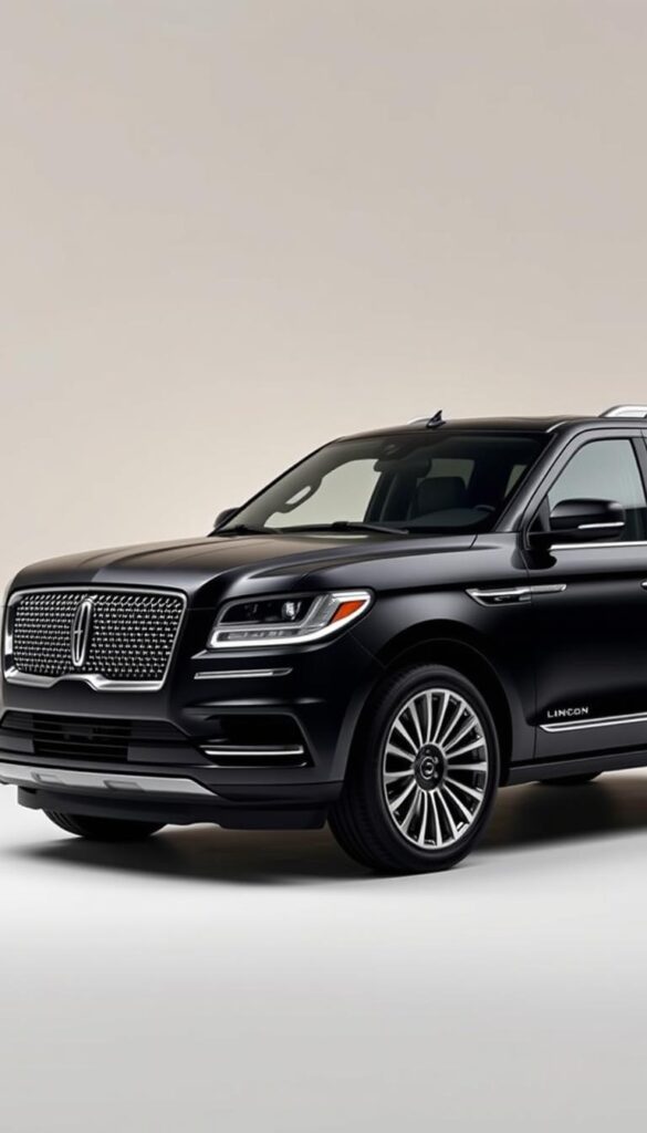 Certified Lincoln Navigator Black Label Comparison - A luxurious full-size SUV in a sleek matte black finish, showcased in a studio setting with soft directional lighting illuminating its elegant exterior. The vehicle is positioned at a slight angle, highlighting its bold front grille and prominent Lincoln badging. In the background, a subtle gradient creates depth and emphasizes the vehicle's commanding presence. The image should convey a sense of premium quality, sophistication, and the distinct differences between a certified pre-owned model and a standard used Lincoln Navigator Black Label.