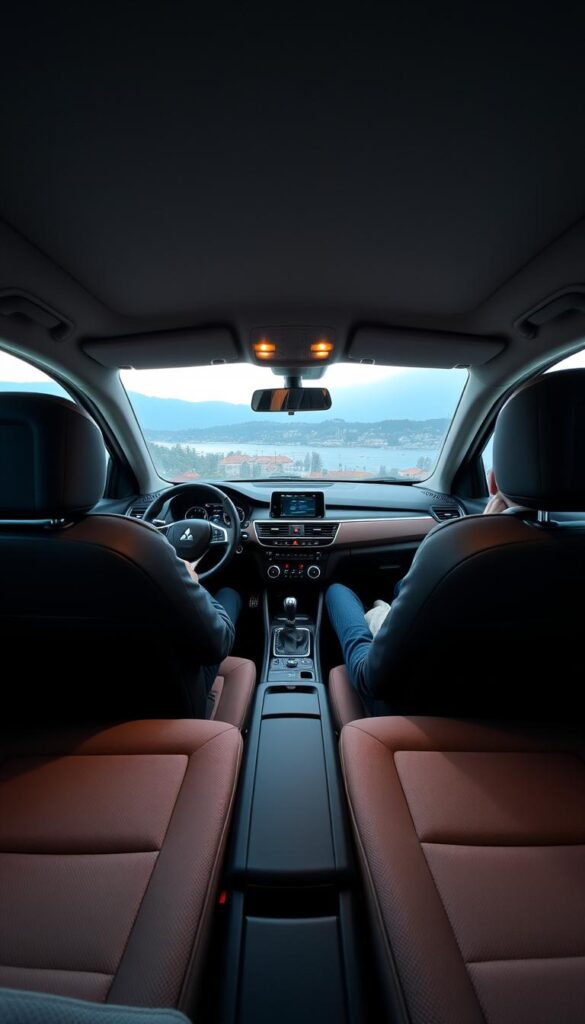 Cozy and spacious interior of the IsCarOk Mitsubishi ASX, with plush upholstery, intuitive dashboard layout, and ample legroom. Soft ambient lighting casts a warm glow, highlighting the high-quality materials and attention to detail. Passengers sit comfortably in supportive seats, enjoying the panoramic view through the large windows. A calm, relaxing atmosphere pervades the cabin, inviting the driver and occupants to sit back and appreciate the refined, luxurious journey ahead.