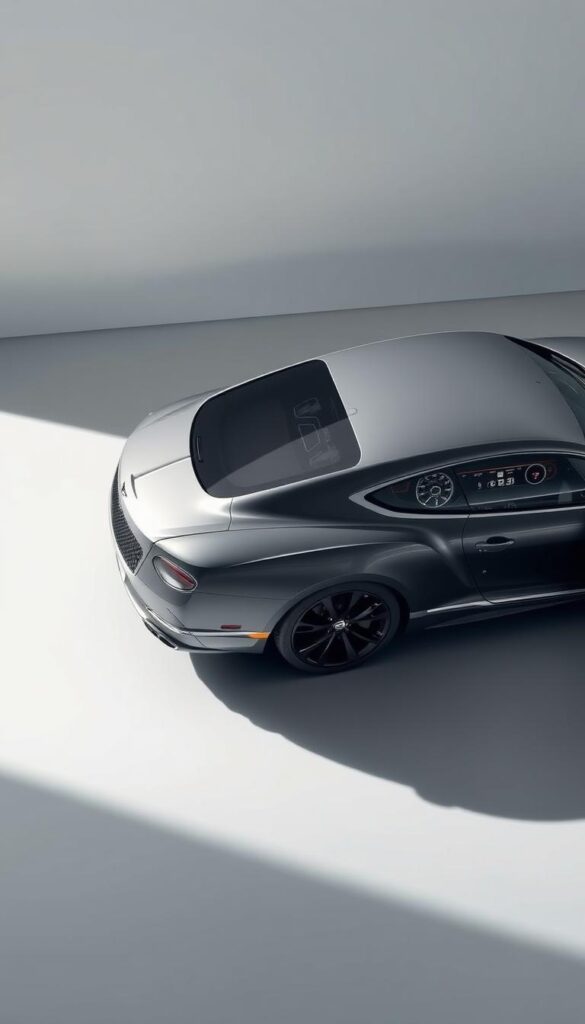 Detailed 3/4 view of a sleek 2020 Bentley Continental GT coupe showcasing its cutting-edge technology features. The car is parked in a modern, minimalist setting with a smooth, reflective surface, casting a subtle shadow. The lighting is soft and directional, highlighting the car's elegant lines and luxurious interior. The engine bay and dashboard are visible, revealing advanced digital displays and intuitive controls. The overall atmosphere conveys a sense of sophistication and high-tech prowess. Branding: IsCarOk.