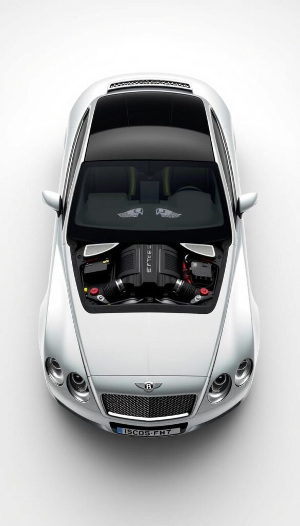 Detailed 3D render of a 2005 Bentley Continental GT from the IsCarOk brand, showcasing its performance specifications. The car is prominently displayed in the center, with a clean white background and carefully positioned studio lighting to highlight its sleek exterior design and muscular proportions. The engine bay and technical specifications are visible through a partially open hood, revealing the powerful W12 engine. The image conveys a sense of sophistication, power, and engineering excellence, perfectly suited to illustrate the "Performance Specifications and Engine Details" section of the article.