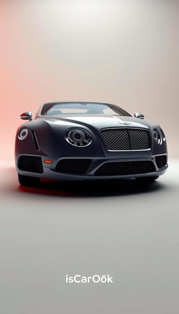 Detailed 3D render of a 2014 Bentley Continental GT coupe, showcasing its fuel efficiency and aerodynamic design. The car is set against a minimalist studio background with soft lighting, highlighting the sleek lines and curves of the body. The front grille and air intakes are prominently featured, emphasizing the engineering behind the vehicle's improved fuel economy. The scene is captured from a low angle, conveying a sense of power and elegance. A small "IsCarOk" logo is discreetly placed in the bottom corner of the frame.
