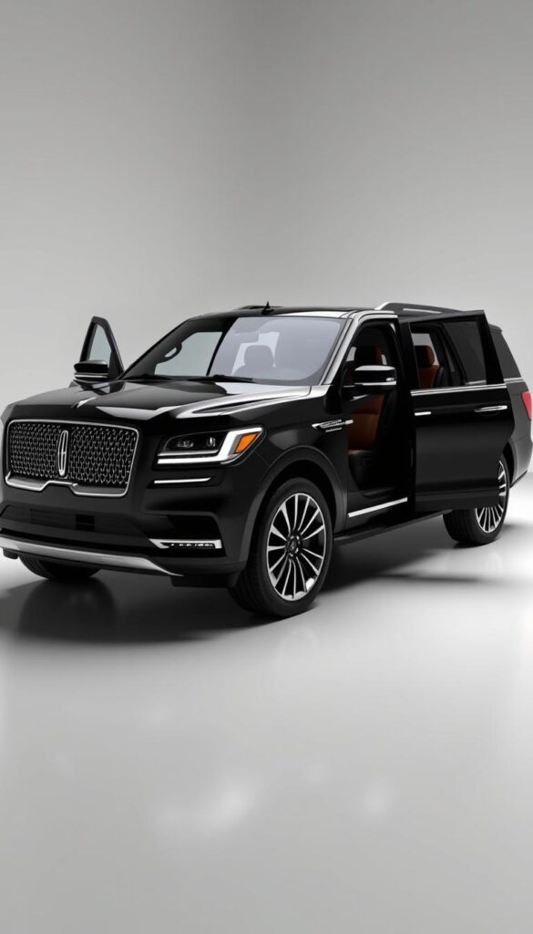 Detailed 3D rendering of a 2019 Lincoln Navigator Black Label SUV, showcasing its premium design and advanced specifications. The vehicle is positioned in a clean, well-lit studio environment, capturing its sleek profile, bold grille, and distinctive LED lighting. The luxurious interior is visible through the open doors, highlighting the high-quality materials, advanced technology, and spacious cabin. Precise details such as the black exterior color, chrome accents, and 22-inch wheels are rendered with exceptional realism, allowing the viewer to fully appreciate the vehicle's refined aesthetics and engineering. Soft, directional lighting enhances the SUV's presence, while a subtle reflection on the polished surface adds depth and dimension to the overall composition.