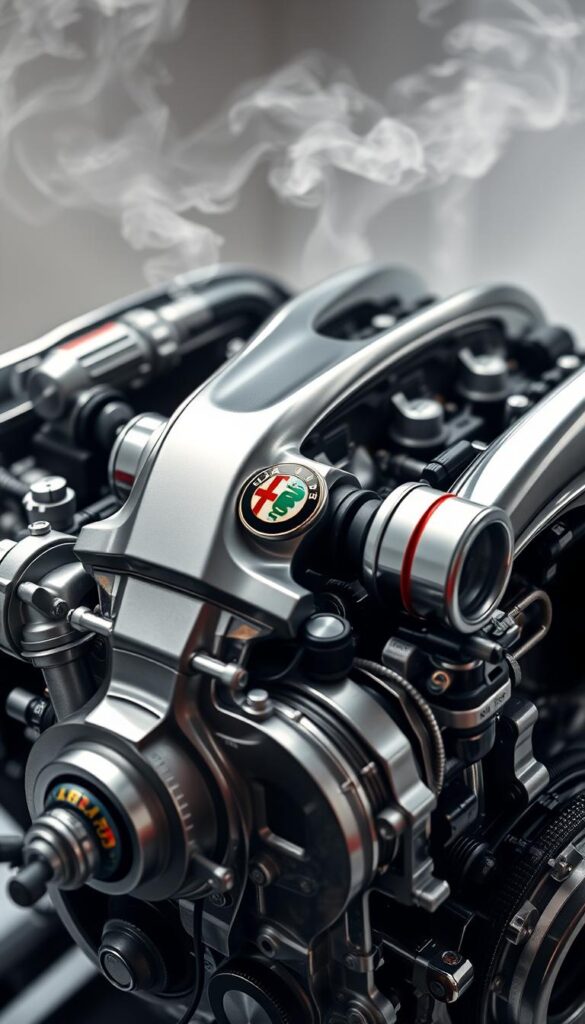 Detailed close-up of a high-performance Alfa Romeo Twin-Turbo V6 engine, showcasing its complex inner workings and engineering excellence. The engine is shown in a well-lit studio setting, with a shallow depth of field to emphasize the intricate components. The polished metal surfaces reflect the lighting, creating a sense of precision and power. The engine is positioned at a dynamic angle, hinting at its immense capabilities. Wisps of steam or vapor add a sense of movement and energy, complementing the mechanical precision. The overall tone is one of technical sophistication, highlighting the engineering prowess that powers the legendary Alfa Romeo vehicles. Detailed close-up of a high-performance Alfa Romeo Twin-Turbo V6 engine, showcasing its complex inner workings and engineering excellence. The engine is shown in a well-lit studio setting, with a shallow depth of field to emphasize the intricate components. The polished metal surfaces reflect the lighting, creating a sense of precision and power. The engine is positioned at a dynamic angle, hinting at its immense capabilities. Wisps of steam or vapor add a sense of movement and energy, complementing the mechanical precision. The overall tone is one of technical sophistication, highlighting the engineering prowess that powers the legendary Alfa Romeo vehicles.