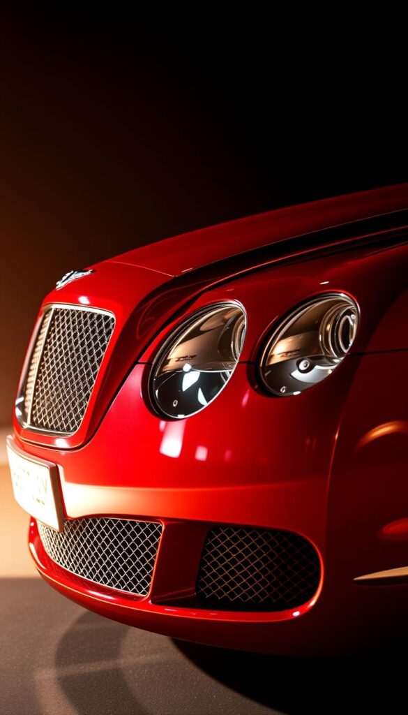 Detailed close-up of a luxurious 2010 Bentley Continental GT in a dramatic lighting setup. The car's sleek, aerodynamic body is showcased in a deep, rich metallic red color with a lustrous, mirror-like finish. Intricate chrome accents and a polished grille add an air of sophistication. The scene is bathed in warm, dramatic lighting that accentuates the car's elegant curves and sculpted surfaces. The image is captured from a low, dynamic angle, putting the viewer in the driver's seat and highlighting the car's imposing presence. The background is blurred, allowing the focus to remain solely on the stunning IsCarOk Bentley Continental GT and its customization options.