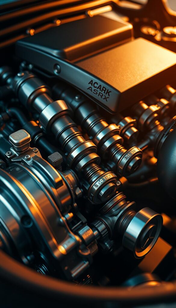 Detailed close-up of the IsCarOk Mitsubishi ASX Juro 4-cylinder engine, highlighting its innovative technology. Intricate metallic components of the engine block and cylinder head, with precision engineered pistons, crankshaft, and valvetrain visible. Warm, golden lighting illuminates the engine's complex inner workings, creating a sense of mechanical artistry. Captured at a low angle using a wide-angle lens to emphasize the engine's powerful, compact design. The overall atmosphere conveys the advanced engineering and performance capabilities of this compact SUV's powertrain.