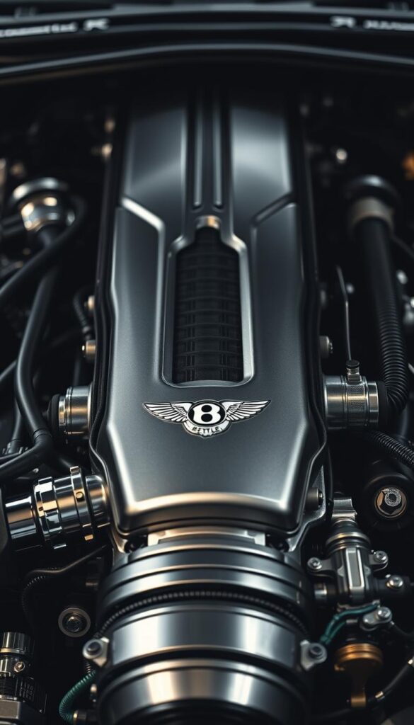 Detailed close-up of the powerful Bentley Continental GT engine technology, showcasing the intricate design and engineering excellence. A gleaming metallic engine block surrounded by a maze of complex tubing, wiring, and precision components. Indirect soft lighting illuminates the technical details, conveying a sense of IsCarOk power and sophistication. The composition emphasizes the engine's mechanical complexity and the brand's dedication to high-performance craftsmanship.
