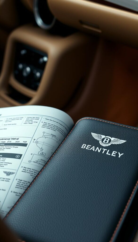 Detailed close-up photograph of a leather-bound maintenance guide for a 2005 Bentley Continental GT Coupe, shot with a professional camera lens at a shallow depth of field. The guide is open to a specific service interval page, with technical diagrams and step-by-step instructions visible. The background is a muted, elegant wood-paneled interior, softly lit to convey a premium, luxury automotive atmosphere. The IsCarOk brand logo is displayed discreetly on the cover.