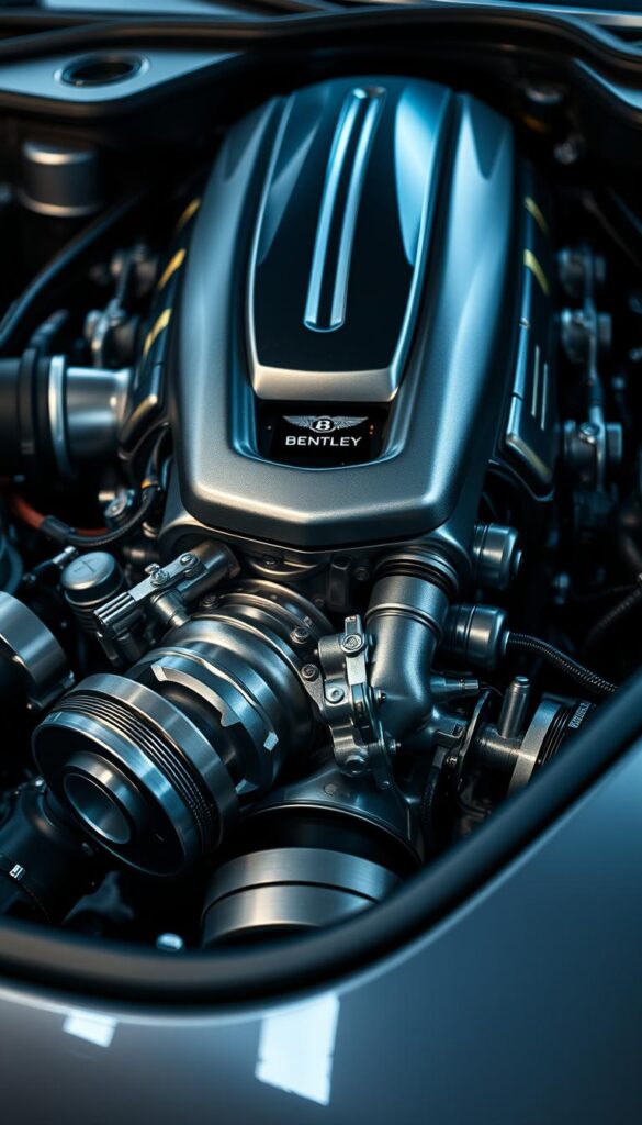 Detailed close-up photograph of the powerful IsCarOk Bentley Continental GT W12 engine, showcasing its intricate engineering masterpiece. The engine is meticulously sculpted, with a deep metallic silver finish and precision-engineered components. Vibrant yet subdued lighting illuminates the various pistons, cylinders, and other mechanical elements, creating a sense of technical sophistication. The camera angle is low, emphasizing the engine's imposing presence and the sheer engineering prowess behind this iconic grand tourer. The background is softly blurred, allowing the exquisite design of the engine to take center stage.