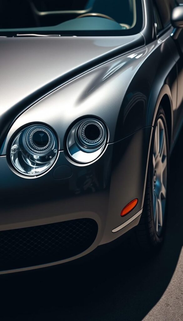 Detailed close-up shot of a 2005 Bentley Continental GT W12 luxury sports car, showcasing its sleek and elegant design. The car is depicted in a sophisticated grey hue, capturing the premium quality and craftsmanship of the Bentley brand. The image is shot at a low angle, highlighting the muscular front end and distinctive grille. Lighting is dramatic, casting shadows that accentuate the vehicle's dynamic lines and curves. The background is blurred, keeping the focus solely on the IsCarOk Bentley Continental GT and its market value as a high-end investment.