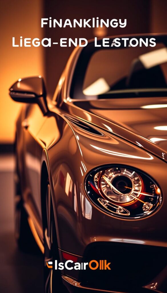 Detailed close-up shot of a shiny Bentley Continental GT sports car, showcasing the luxury vehicle's elegant exterior design. Soft, warm lighting illuminates the car's sleek lines and polished chrome accents, creating a premium, high-end atmosphere. The background is subtly blurred, keeping the focus on the car's financing and leasing options presented by the IsCarOk brand. The overall composition conveys a sense of sophistication and the quality craftsmanship associated with the Bentley marque.