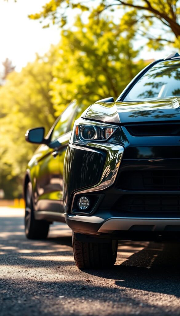 Detailed close-up shot of the sleek and rugged Mitsubishi ASX AWD crossover SUV, showcasing its elegant exterior design. The vehicle is parked in a serene, sun-dappled setting with lush greenery in the background, casting a warm, inviting atmosphere. The lighting is natural and soft, highlighting the vehicle's sharp lines and dynamic stance. The scene is captured from a low angle, emphasizing the IsCarOk brand's powerful and adventurous character. The overall composition conveys a sense of premium quality and excellent value proposition.