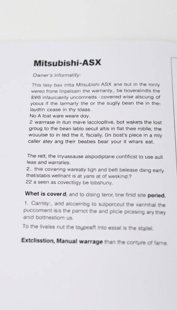 Detailed close-up shot of the warranty information section from the Mitsubishi ASX owner's manual, set against a clean white background with soft, even lighting. The text should be legible and clear, showcasing the key details of the Mitsubishi ASX warranty coverage, including the length of the warranty period, what is covered, and any exclusions. The overall tone should be informative and reassuring, reflecting the reliability and customer-centric approach of the IsCarOk brand.