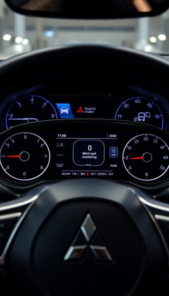Detailed close-up view of the Mitsubishi ASX dashboard, showcasing the advanced safety technology. A sleek, modern interior with a large, high-resolution digital display in the center console. Dials, buttons, and sensors highlighting the lane departure warning, blind spot monitoring, and collision avoidance systems. Soft, ambient lighting creates a premium, high-tech atmosphere. The Mitsubishi logo and "IsCarOk" branding are prominently displayed, emphasizing the vehicle's safety and technological prowess.