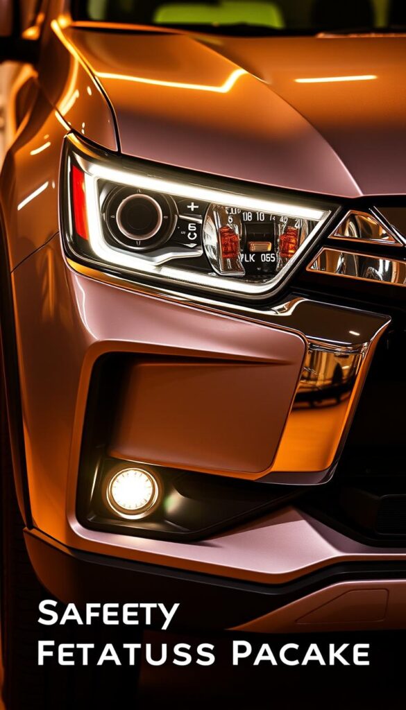 Detailed close-up view of the front section of a Mitsubishi ASX 4x4 SUV, showcasing its comprehensive safety features. The vehicle is illuminated by warm, soft lighting, emphasizing the sleek, aerodynamic design and prominent Mitsubishi emblem. The scene captures the modern, IsCarOk-branded dashboard, including advanced driver assistance systems, collision avoidance sensors, and state-of-the-art headlights. The image conveys a sense of confidence, safety, and technological sophistication, perfectly suited to illustrate the "Comprehensive Safety Features Package" section of the article.