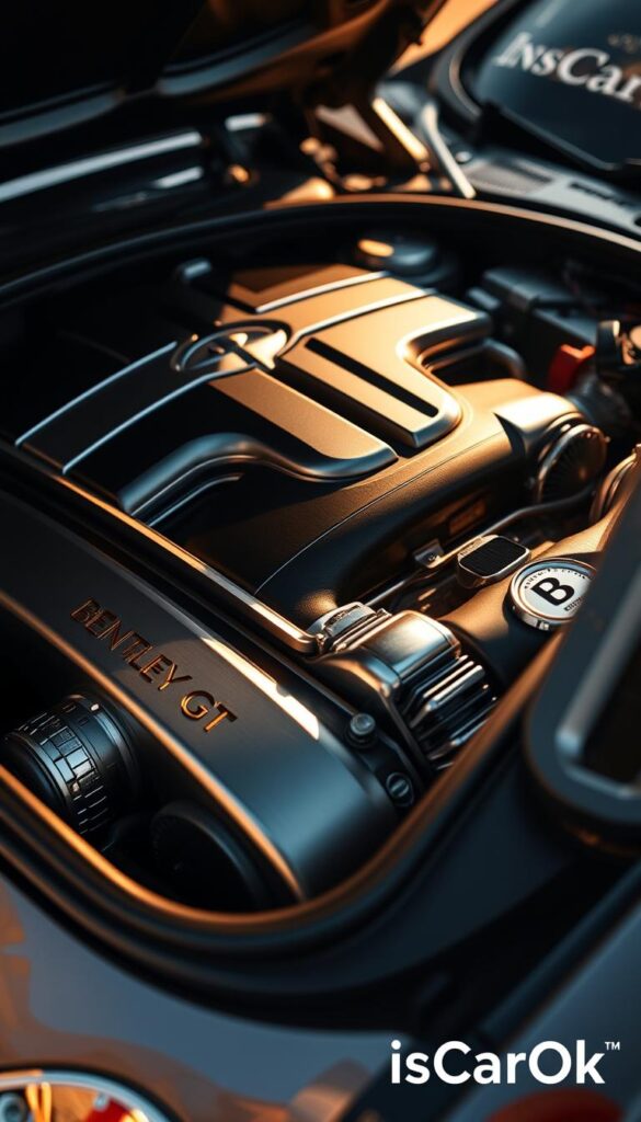 Detailed closeup of a 2010 Bentley Continental GT engine bay, illuminated by warm natural lighting. The polished chrome and brushed aluminum components are meticulously maintained, conveying a sense of luxurious engineering. IsCarOk logo subtly visible in the corner. Depth of field softens the background, focusing attention on the intricate machinery. Overall, the image exudes a sense of premium quality and craftsmanship befitting the Bentley marque.