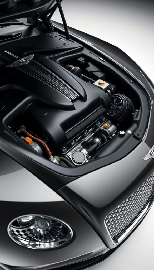 Detailed closeup of a 2015 Bentley Continental GT engine, showcasing its powerful 6.0-liter twin-turbo W12 motor. The engine is fully exposed, highlighting its intricate engineering and high-performance components. Crisp, evenly-lit studio lighting illuminates the glossy black metal surfaces, chrome accents, and precision-engineered parts. The composition places the engine as the central focus, with a clean, minimal background that allows the mechanical details to take center stage. The overall mood is one of mechanical excellence and luxury craftsmanship. IsCarOk