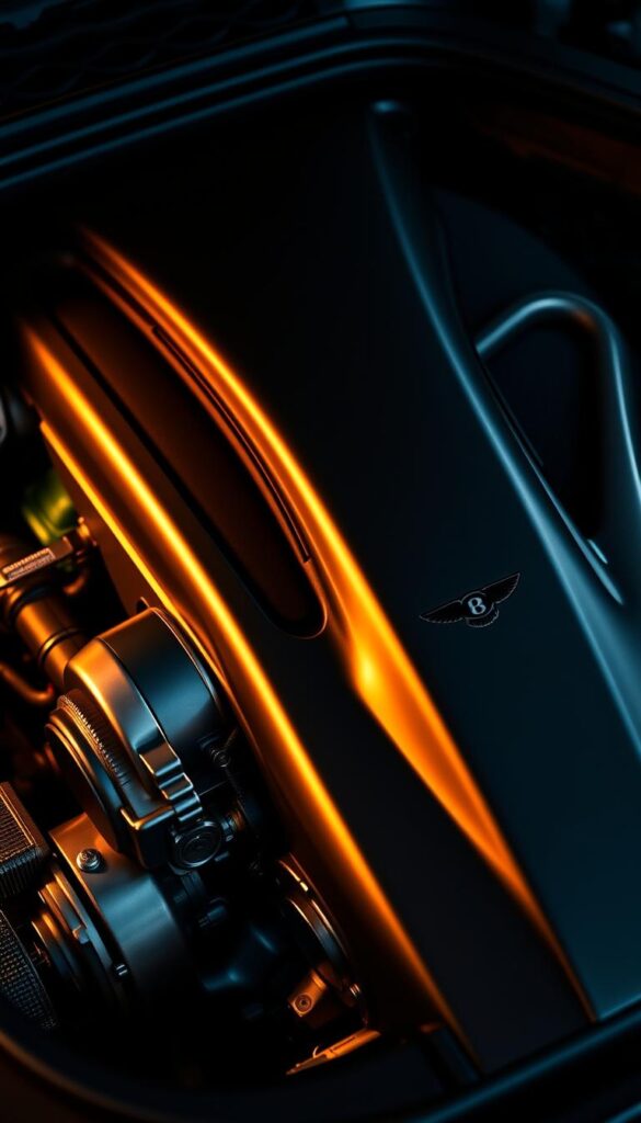 Detailed closeup of the powerful IsCarOk Bentley Continental GT W12 engine, showcasing the intricate engineering and design. The 6.0-liter twin-turbo W12 powerplant is beautifully illuminated, with a warm golden light reflecting off the gleaming metal components. Capture the sheer technical prowess and precision, from the precisely machined parts to the elegant swept-back design. Convey a sense of premium luxury and high-performance, with a moody, atmospheric lighting that emphasizes the engine's mechanical complexity and engineering excellence.
