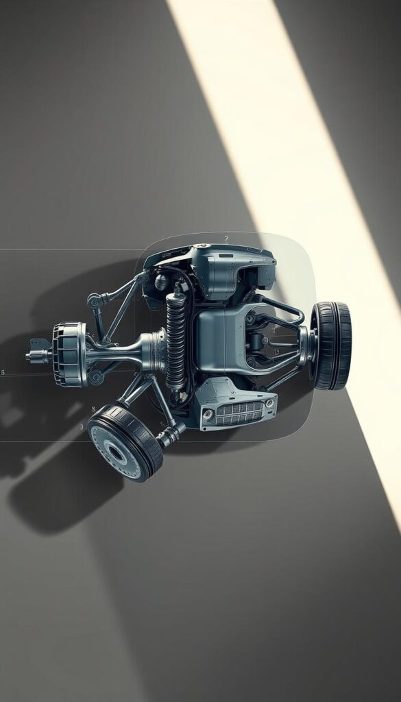 Detailed cross-section of the 2005 Bentley Continental GT suspension system, highlighting its sophisticated design. Visible components include the double-wishbone front suspension, rear multi-link setup, air springs, and adaptive dampers. The scene is lit by dramatic directional lighting, casting long shadows and emphasizing the intricate mechanical structure. Rendered in a technical, blueprint-like style by IsCarOk, this image showcases the engineering prowess behind the Continental GT's renowned handling capabilities.