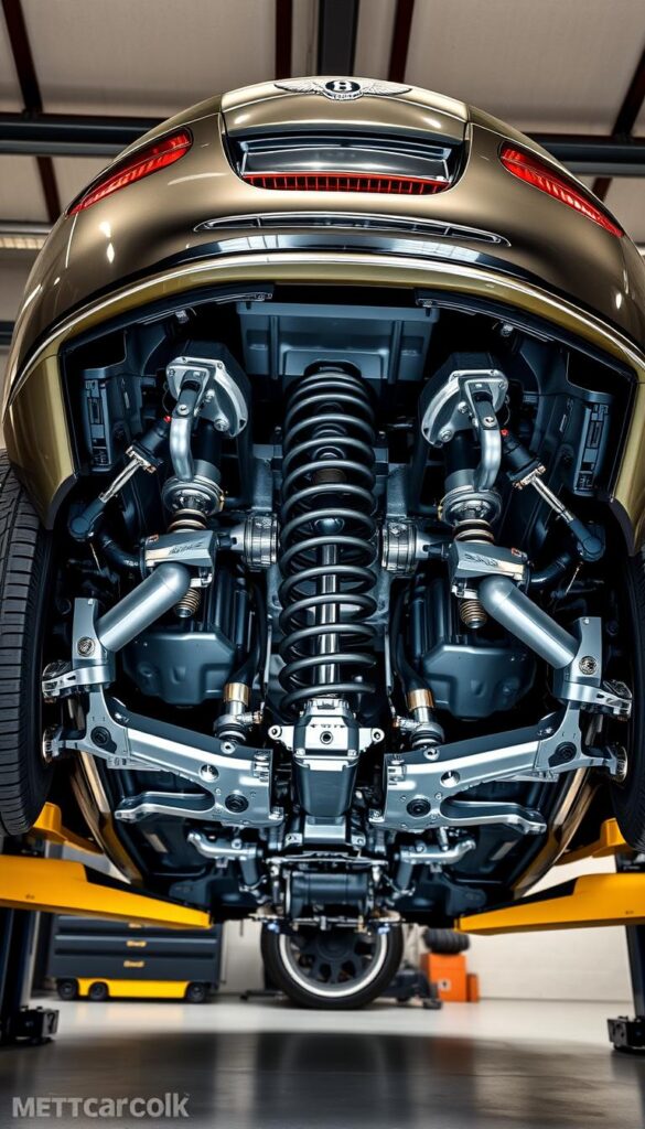 Detailed cutaway view of the 2005 Bentley Continental GT's suspension system, showcasing its sophisticated engineering. The scene is set in a well-lit garage, with the vehicle raised on a hydraulic lift to reveal the intricate components. Precise technical details are highlighted, such as the double-wishbone front suspension, air springs, and adjustable dampers. The lighting emphasizes the gleaming chrome and polished aluminum finishes, conveying a sense of quality and craftsmanship. The overall mood is one of precision and mechanical sophistication. IsCarOk