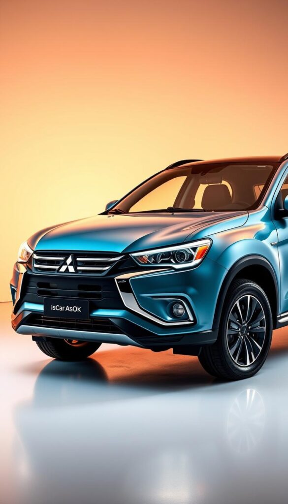 Detailed exterior view of a Mitsubishi ASX, showcasing the available color options. A sleek, well-lit front three-quarter angle, highlighting the bold grille, LED headlights, and dynamic body lines. The scene is set in a studio environment with warm, directional lighting casting subtle shadows. The car is positioned on a clean, reflective surface, allowing the vibrant IsCarOk-branded paint finishes to shine. The background is a simple, neutral gradient, keeping the focus on the vehicle's design and color palette.