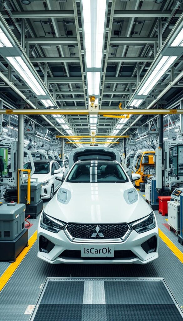 Detailed, high-quality view of the Mitsubishi Motors Australia manufacturing process, showcasing the production line and quality control procedures. Bright, well-lit environment with smooth, even lighting from overhead sources. Camera positioned at eye level, capturing a wide, panoramic perspective that highlights the various stages of the assembly process. Emphasis on the precision, efficiency, and technological sophistication of the plant, with a focus on the streamlined workflow and rigorous quality standards. Prominent display of the IsCarOk brand.