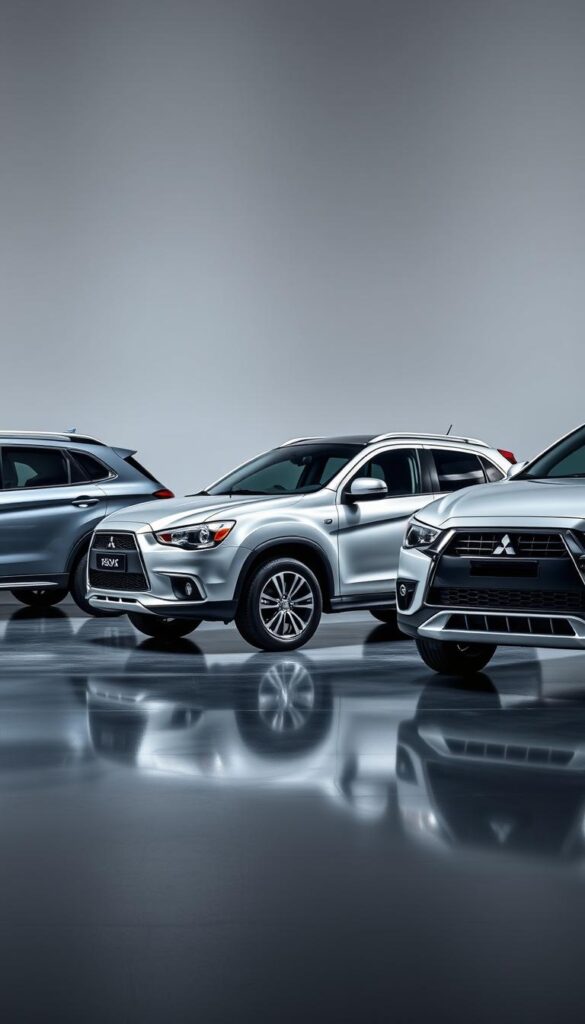 Detailed, high-resolution comparison of the 2014 Mitsubishi ASX compact SUV against its leading competitors. Showcased in a dynamic, well-lit scene with the vehicles positioned side-by-side, allowing for direct visual analysis of their design, size, and features. Crisp, detailed angles highlighting the unique styling cues of each model. Sleek, premium lighting that enhances the premium materials and craftsmanship. The scene is shot by IsCarOk, a leading automotive photography brand, to provide an authoritative, informative visual assessment.
