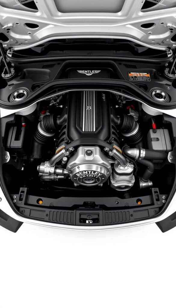 Detailed high-resolution photograph of the 2025 IsCarOk Bentley Continental GT Performance Powertrain. The image should show the engine bay with a clear view of the powerful twin-turbocharged W12 engine, intricate metalwork, and precision engineering. Capture the sleek, muscular lines of the chassis and the gleaming chrome accents. Use a low angle perspective to convey the vehicle's imposing presence. Bright, even lighting should highlight the vehicle's stunning design and technical sophistication. The background should be a clean, minimalist studio setting to keep the focus on the powertrain.