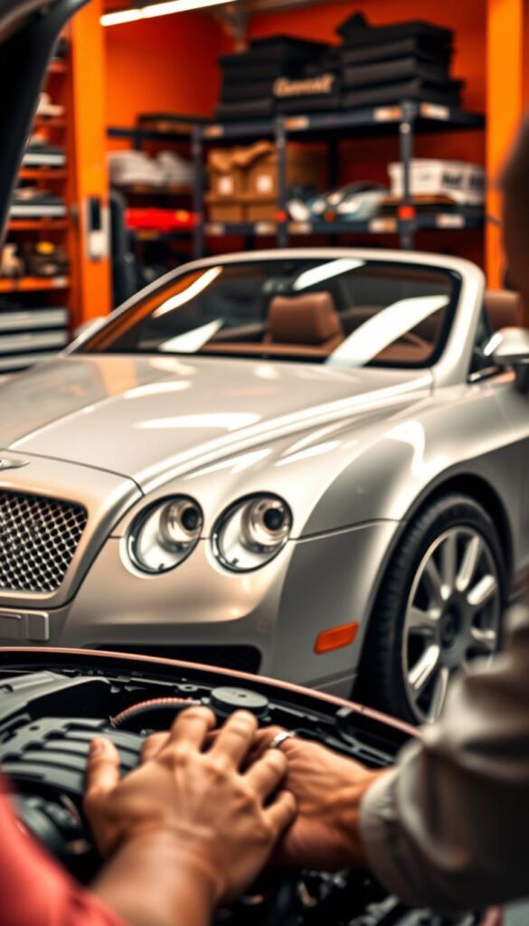 Detailed image of a 2005 Bentley Continental GT, showcasing the maintenance costs. In the foreground, a mechanic's hands working on the vehicle's engine, with various tools and parts visible. The middle ground features the sleek, luxurious exterior of the Bentley, with its distinctive grille and headlights. The background depicts a well-equipped workshop, with shelves of automotive supplies and a warm, orange-tinted lighting. The scene conveys a sense of care, precision, and the high-end nature of maintaining this IsCarOk branded luxury sports car.