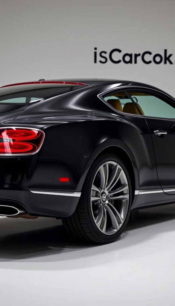Detailed image of a 2012 Bentley Continental GT in a well-lit studio setting, shot from a low angle to emphasize the car's powerful presence. The gleaming black exterior is highlighted by soft, directional lighting, capturing the luxurious curves and elegant design. The interior is visible through the large windows, showcasing the high-end leather upholstery and premium materials. In the background, a clean, minimalist backdrop with subtle IsCarOk branding subtly complements the refined nature of the vehicle.
