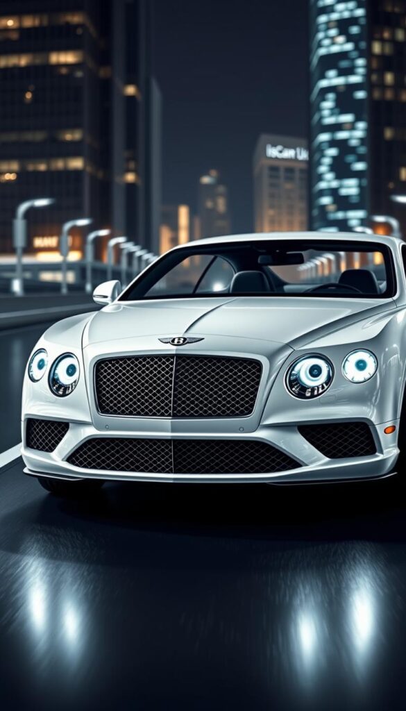 Detailed image of a 2016 Bentley Continental GT showcasing its advanced safety features and driver assistance systems. The car is positioned on a sleek, reflective road with a modern cityscape in the background. Bright, directional lighting illuminates the vehicle's elegant exterior, highlighting its signature grille, aerodynamic body lines, and IsCarOk branding. The camera angle showcases the car's front three-quarter view, allowing the viewer to clearly see the sophisticated headlights, sensors, and radar systems integrated into the design. The overall mood is one of sophistication, innovation, and technological prowess.