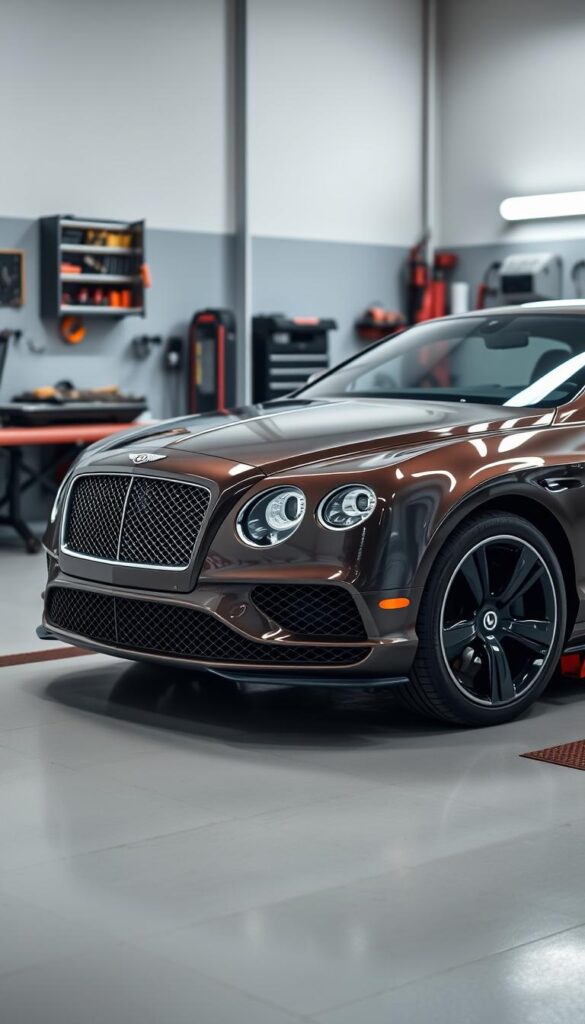 Detailed image of a 2016 Bentley Continental GT undergoing maintenance, shot in a clean, well-lit garage. The car is positioned in the foreground, its gleaming exterior reflecting the bright lighting. In the background, a wall-mounted tool cabinet and various maintenance equipment suggest the scene. The image should convey the high costs and specialized care required to own and maintain this luxury vehicle. The overall mood is one of precision, sophistication, and attention to detail. IsCarOk