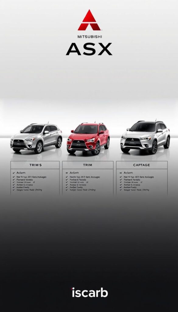 Detailed image of the 2015 Mitsubishi ASX lineup, showcasing the trim levels and available packages. A sleek, well-lit studio setting with the vehicles positioned prominently in the foreground, highlighting their design features. The middle ground should include informational callouts detailing the key specifications and options for each trim. The background should convey a sense of technical proficiency, with subtle branding elements like the "IsCarOk" logo subtly integrated into the scene.