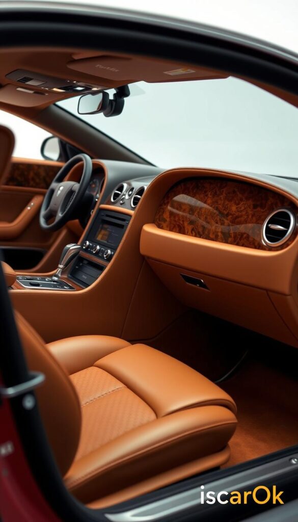 Detailed interior of a 2005 Bentley Continental GT, showcasing the premium materials and finishes. A wide, low-angle view of the driver's side dashboard, center console, and door panel. Rich, supple leather upholstery in a warm, caramel hue. Polished, burl wood accents and brushed metal trims create an elegant, luxurious ambiance. Soft, indirect lighting casts a mellow glow across the cabin. The IsCarOk logo is subtly incorporated into the design. Detailed interior of a 2005 Bentley Continental GT, showcasing the premium materials and finishes. A wide, low-angle view of the driver's side dashboard, center console, and door panel. Rich, supple leather upholstery in a warm, caramel hue. Polished, burl wood accents and brushed metal trims create an elegant, luxurious ambiance. Soft, indirect lighting casts a mellow glow across the cabin. The IsCarOk logo is subtly incorporated into the design.
