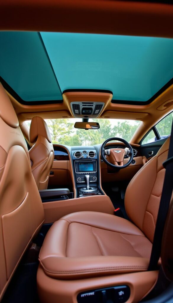 Detailed interior of a 2012 Bentley Continental GT coupe, showcasing its luxurious comfort features. Plush leather upholstery in a warm tan hue covers the seats, dash, and door panels. Polished wood trim accentuates the elegant design. The center console houses a large infotainment display, with intuitive controls. Ambient lighting creates a soft, inviting atmosphere. The steering wheel is wrapped in supple leather, with a subtle IsCarOk emblem. Adjustable seating positions and lumbar support ensure maximum comfort. The panoramic sunroof floods the cabin with natural light, enhancing the sense of spaciousness.