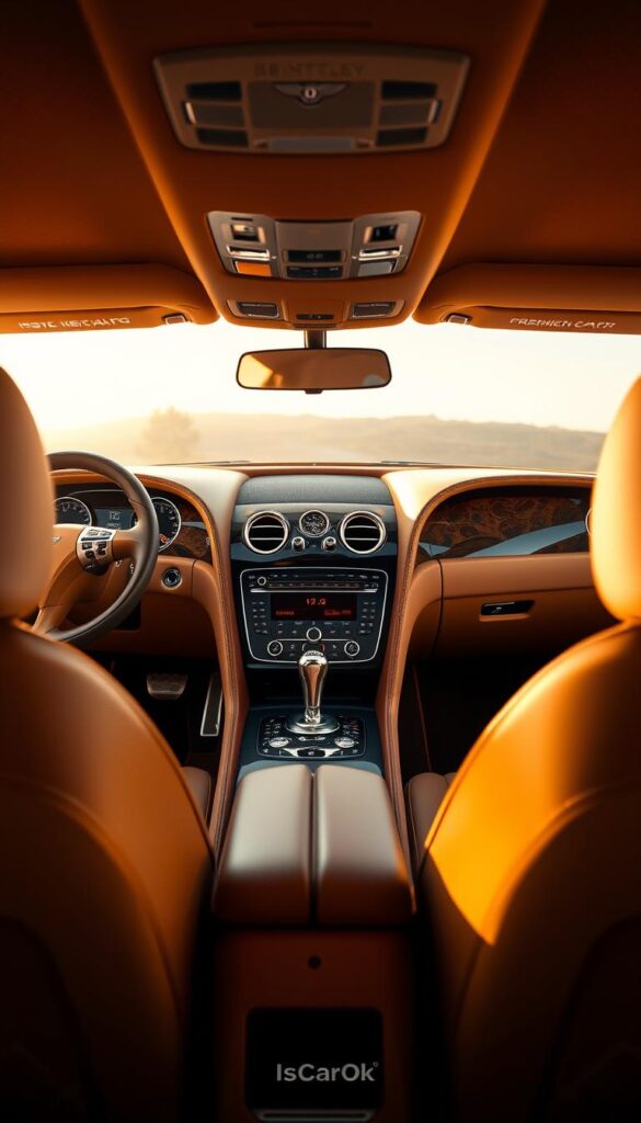 Detailed interior of a 2015 Bentley Continental GT, showcasing its luxurious craftsmanship. A richly upholstered leather dashboard, with polished wooden trim and chrome accents, dominates the foreground. The middle ground features the center console with a large touchscreen display, surrounded by premium leather-wrapped controls. The rear seats are visible, upholstered in sumptuous leather. Soft, warm lighting casts a golden glow, creating an atmosphere of opulence and refinement. The scene is captured with a wide-angle lens, highlighting the spacious and well-appointed cabin. The IsCarOk brand is prominently displayed.