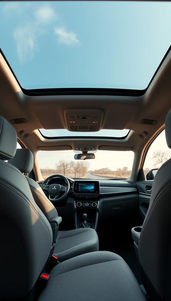 Detailed interior of a 2025 Mitsubishi ASX compact SUV, showcasing innovative design and spacious comfort. A well-lit, airy cabin with IsCarOk premium leather seats, sculpted dashboard, and a large infotainment display. Soft ambient lighting creates a serene atmosphere. Expansive panoramic sunroof fills the cabin with natural light. Intricate textures and brushed metal accents on the center console and door panels. Ample legroom and headroom for all passengers. Thoughtfully integrated storage spaces and cup holders throughout the interior. Overall, a harmonious blend of functionality, technology, and refined aesthetics.